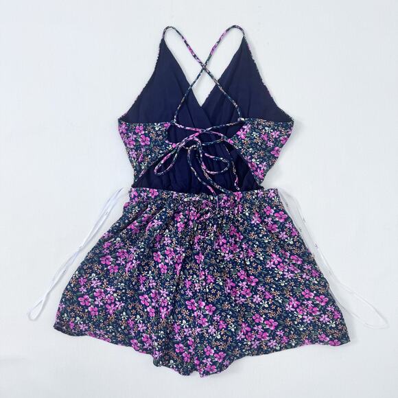 LULUS Cross Back Flowy Floral‎ Romper Womens Small Navy Pink - Picture 3 of 7